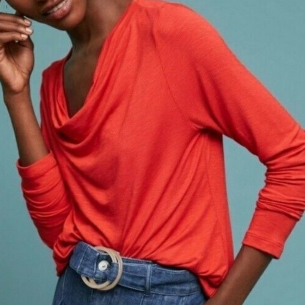 Dolan | Anthropologie | Red Orange Kirby Drape Cowl Neck Long Sleeve Top | Sz S